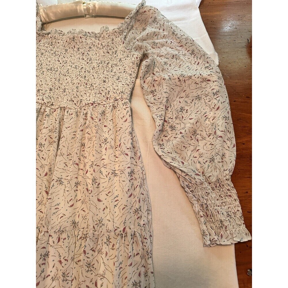 &Merci Sz M Off White Floral Dandy Prairie Midi Smocked TieredDress Long Sleeve - Picture 15 of 15